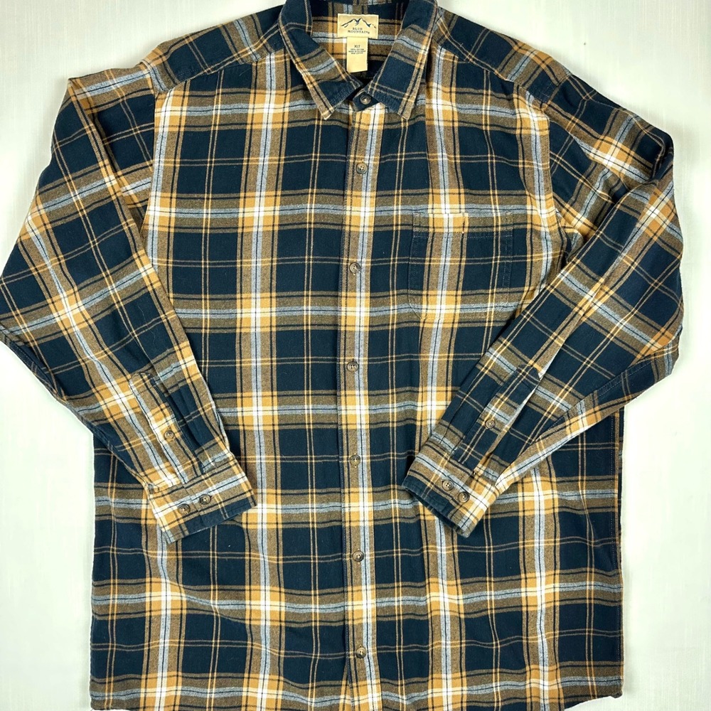 Blue Mountain Mens XLT Flannel Shirt Navy Blue Tan Plaid Cotton Long Sleeve Tall